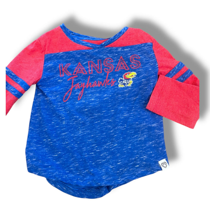 Size 3 Kansas Jayhawk heathered blue, red long sleeve v neck tee Default Title / 3 / -
