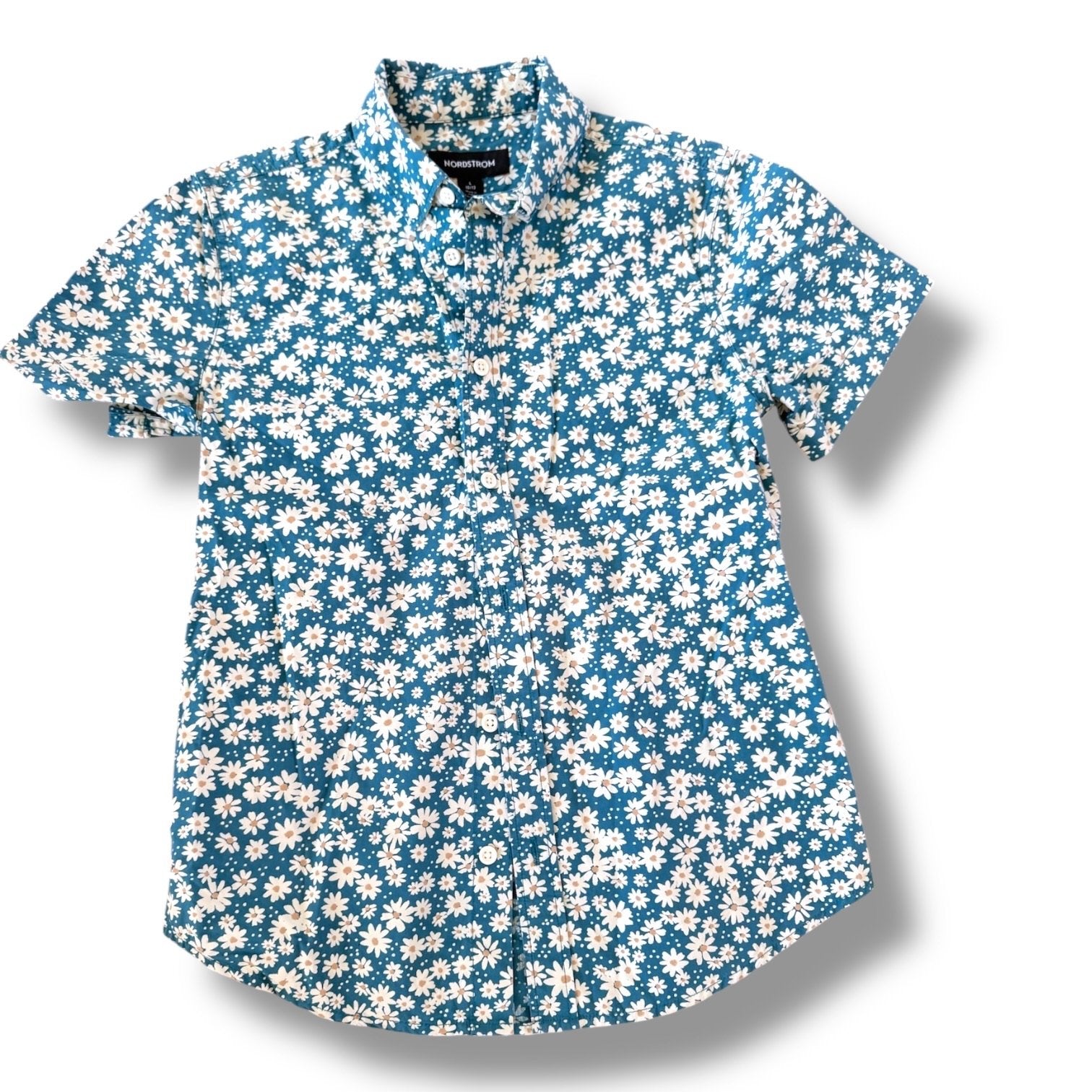 Size 10-12 Nordstrom blue short sleeve button up shirt with white/ pink flowers Default Title / 12-Oct / Boy