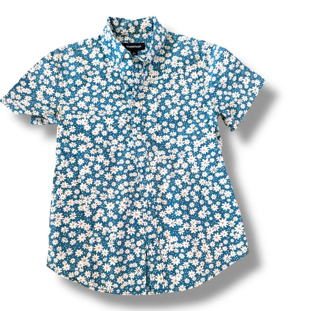 Size 10-12 Nordstrom blue short sleeve button up shirt with white/ pink flowers Default Title / 12-Oct / Boy