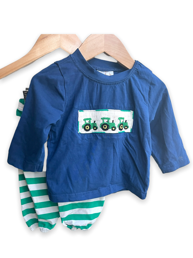 Size 9 month Smocked tractor long sleeve tee and green/white Striped Pima cotton pants Default Title / 9 month / Boy