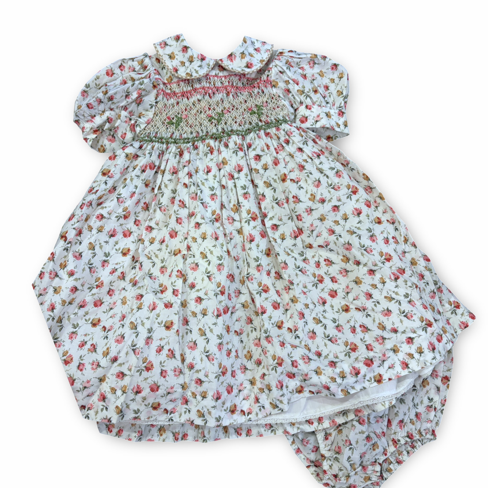 Size 18 month Isabel Garreton white dress with pink/yellow-gold/green floral print and smocking with pink flower detail on front with matching bloomers Default Title / 18 month / Girl