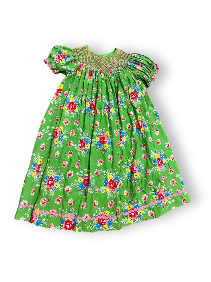 Size 5 Smocked Auctions green short sleeve smocked dress with pink/yellow/blue flowers Default Title / 5 / Girl
