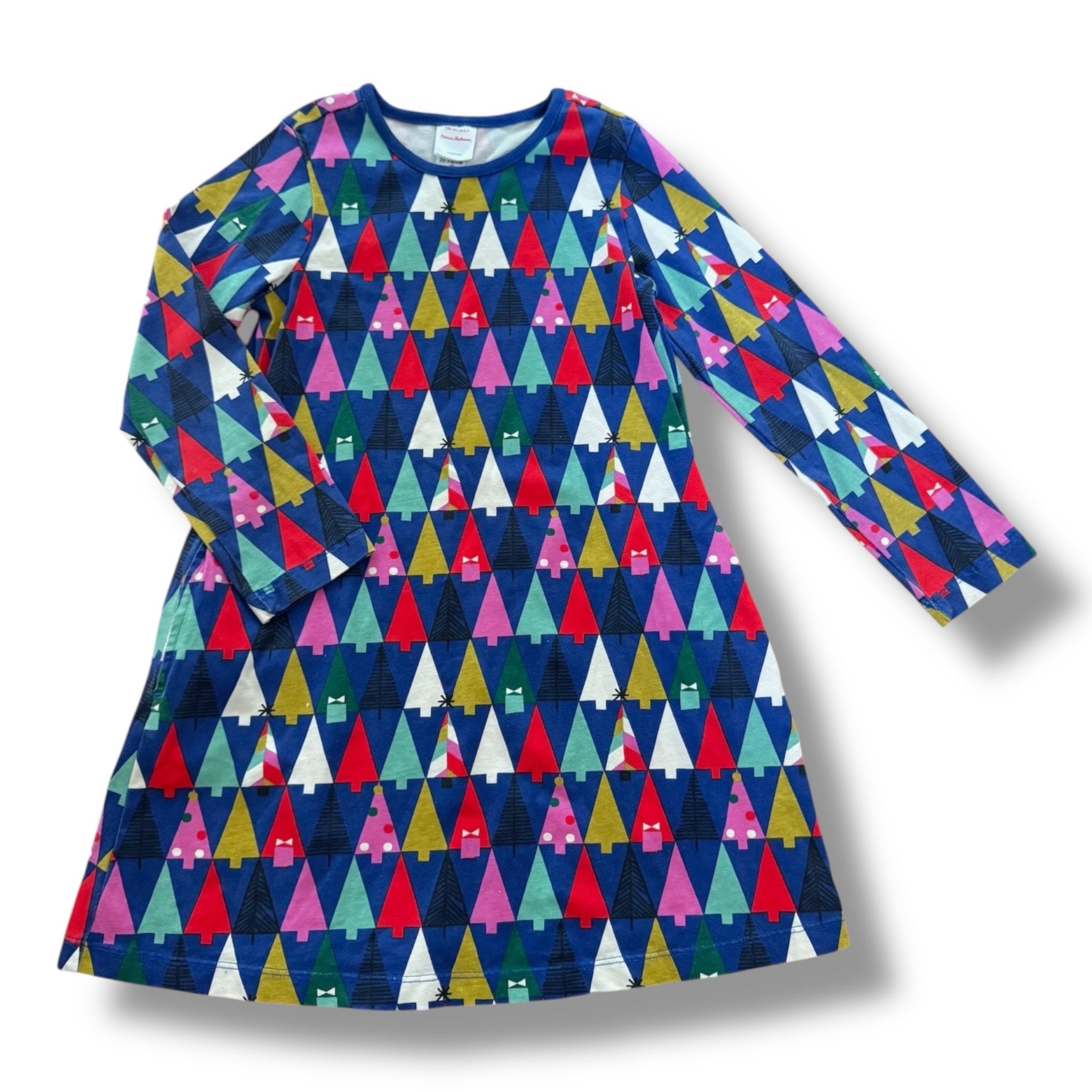 Size 6-7 Hanna Andersson blue long sleeve dress with multi color trees Default Title / 7-Jun / Girl