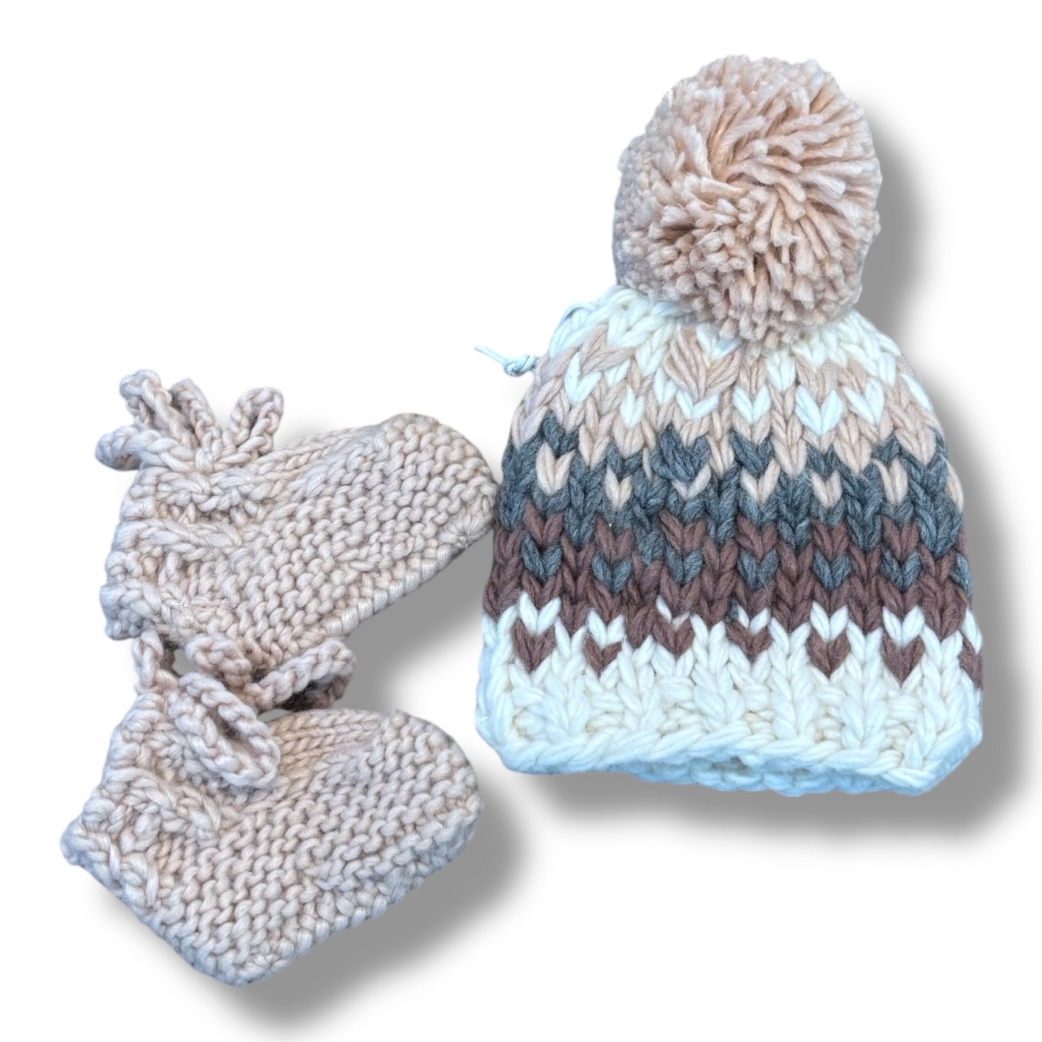 Size 6-12 months The Blueberry Hill white/tan/gray/brown pompom hat and matching tan booties NWT Default Title / 6-12 month / Girl