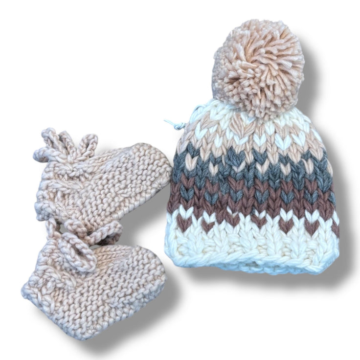 Size 6-12 months The Blueberry Hill white/tan/gray/brown pompom hat and matching tan booties NWT Default Title / 6-12 month / Girl