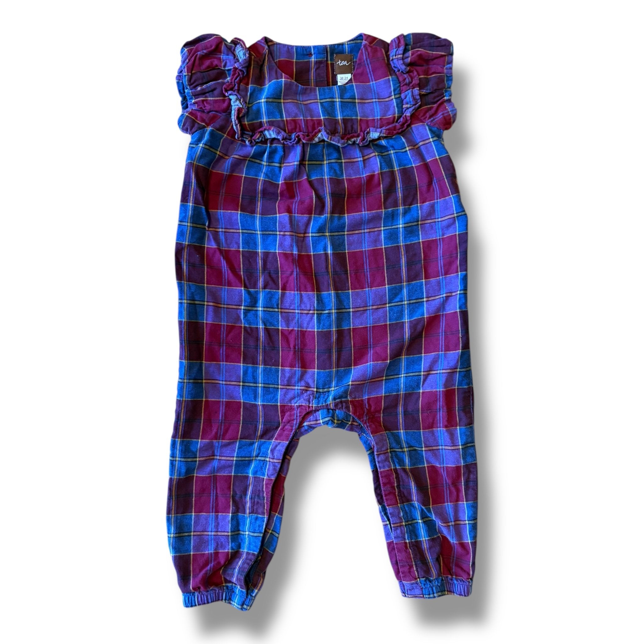 Size 18-24 month Tea burgundy/blue/yellow plaid short sleeve romper with ruffle detail Default Title / 18-24 month / Girl