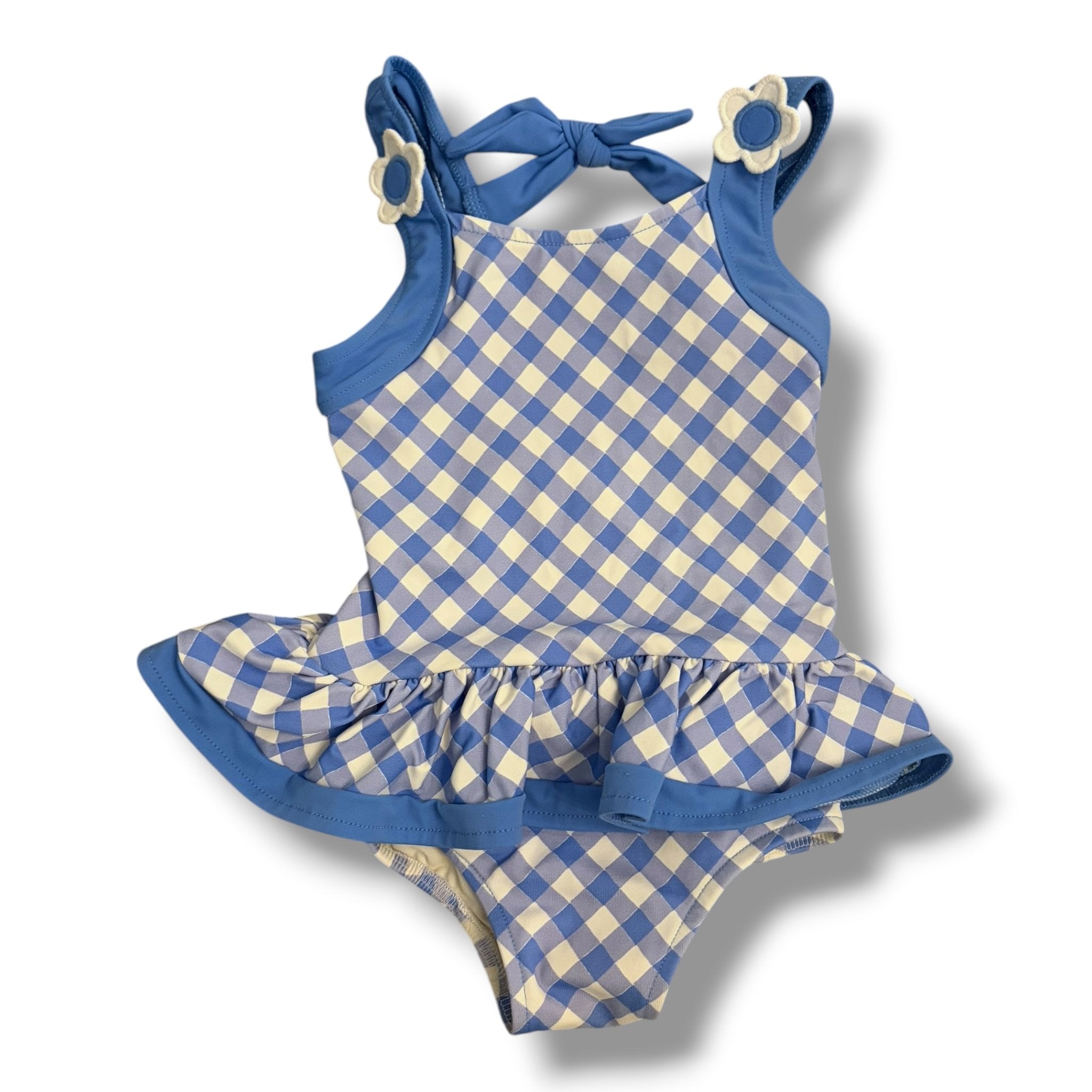 Size 24 month Florence Eiseman white/blue check one piece swim with flowers on straps Default Title / 2 / Girl
