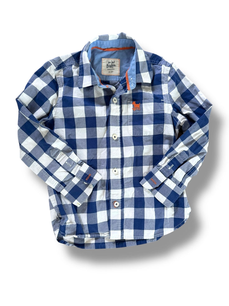 Size 3-4 Boden blue and white buffalo plaid long sleeve button up with orange dog Default Title / 4-Mar / Boy