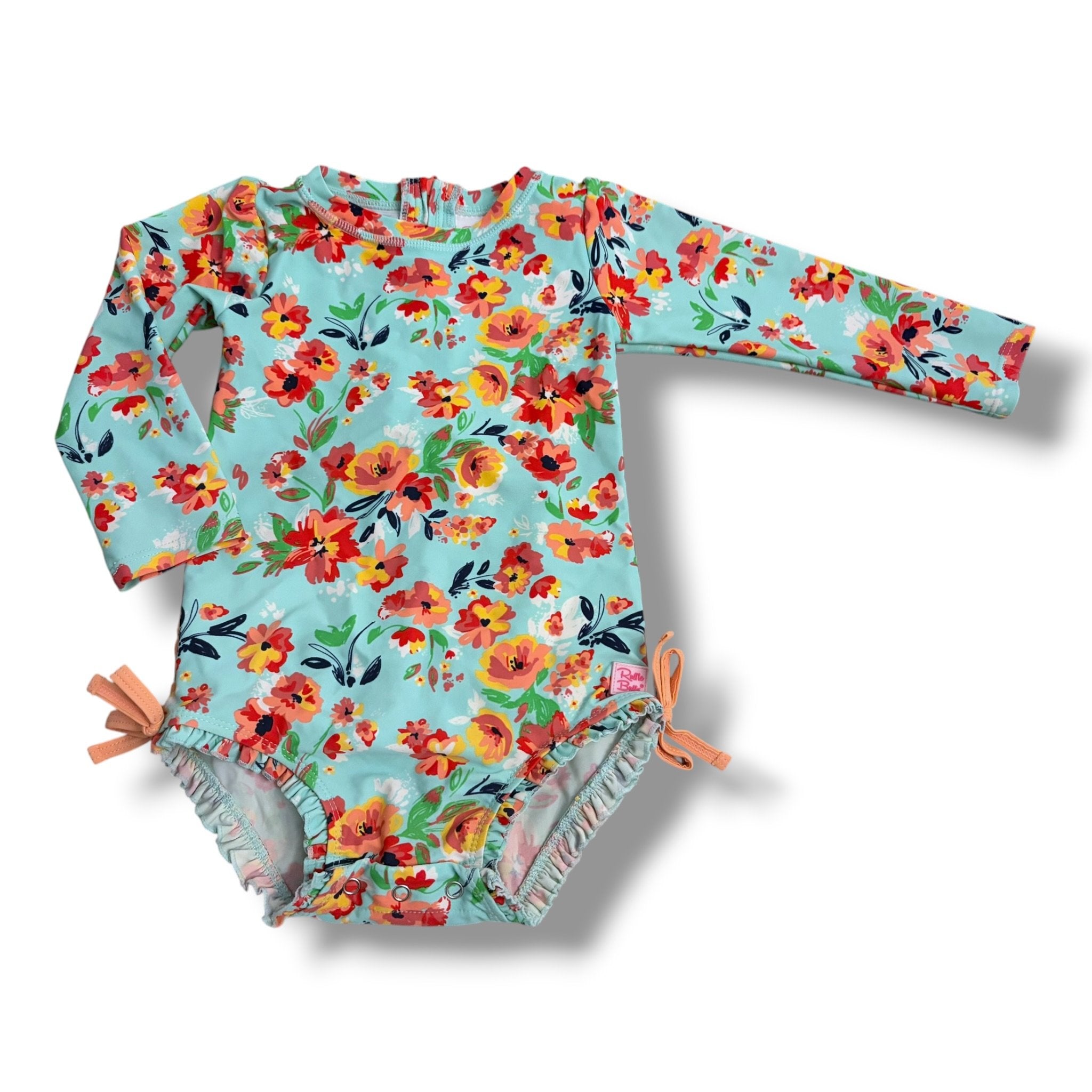 Size 2 Ruffle Butts mint green long sleeve rashguard with pink/red/orange flowers Default Title / 2 / Girl
