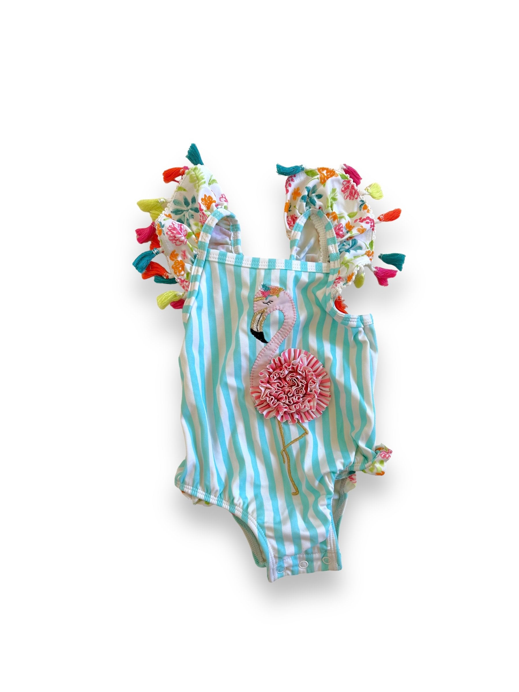 Size 9-12 month Mudpie blue/white stripe one piece swimsuit with flamingo Default Title / 9-12 month / -