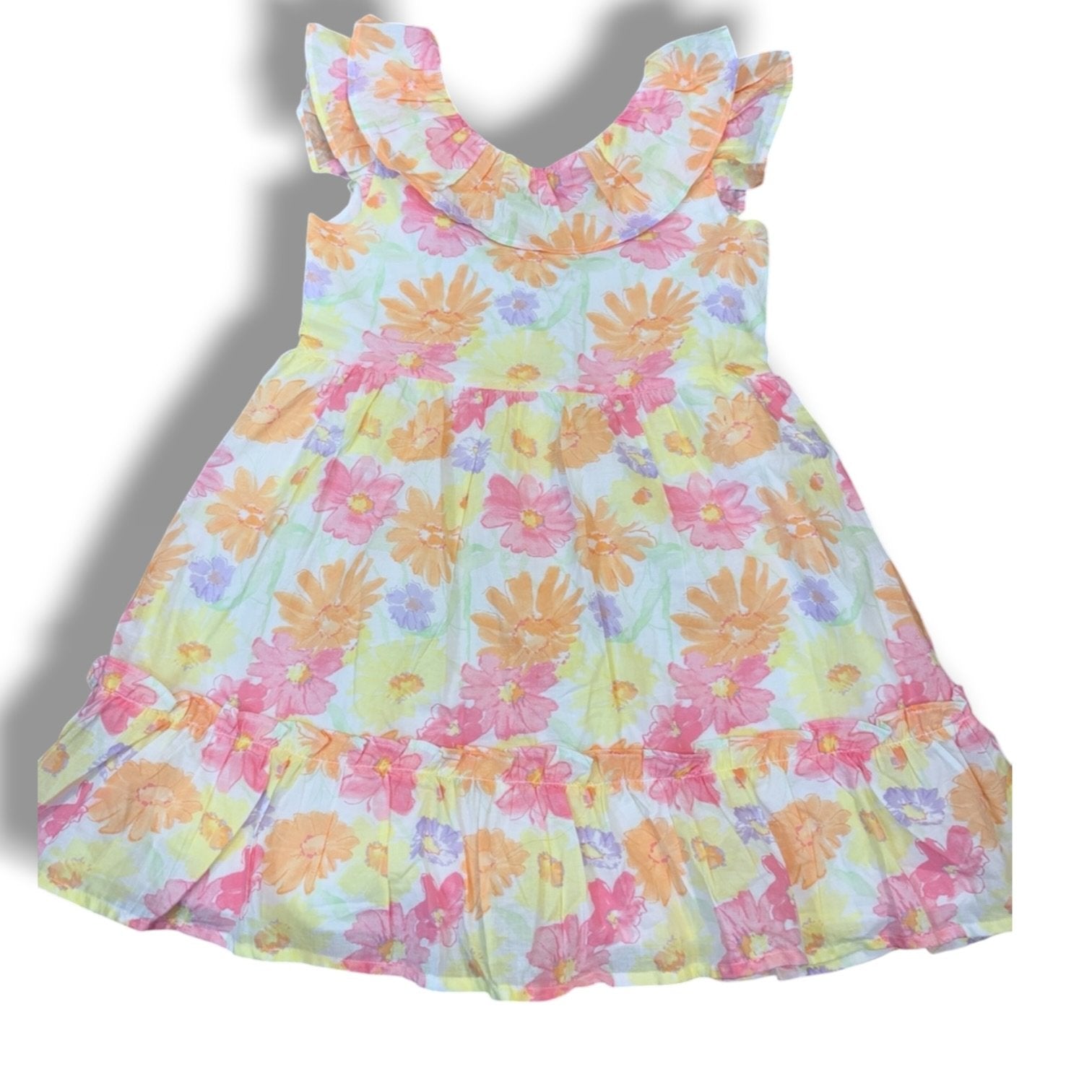 Size 5 Janie and Jack yellow/orange/pink bright floral sleeveless dress with ruffle bottom Default Title / 5 / Girl