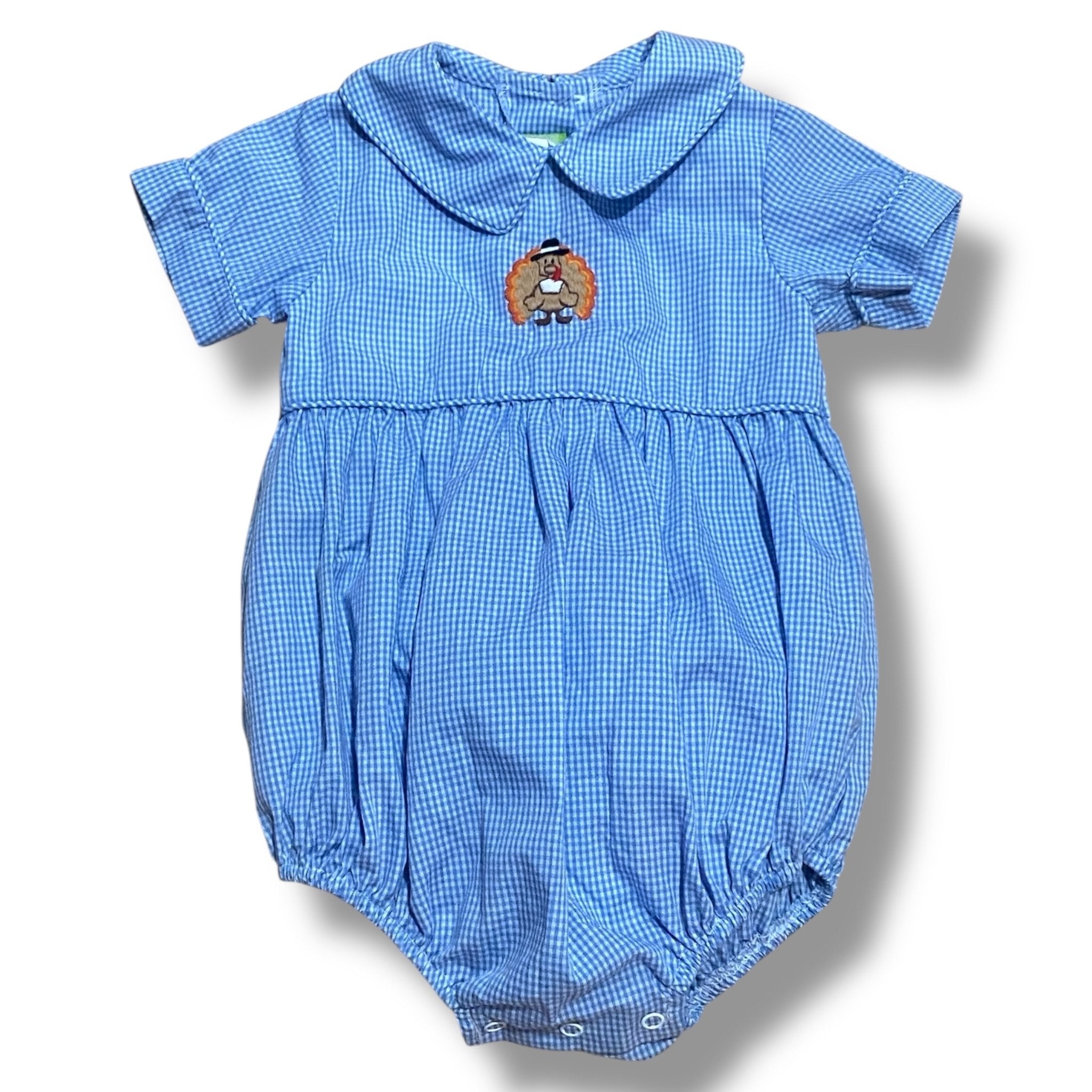 Size 9 month Classic whimsy blue/white check bubble with embroidered turkey Default Title / 9 month / -