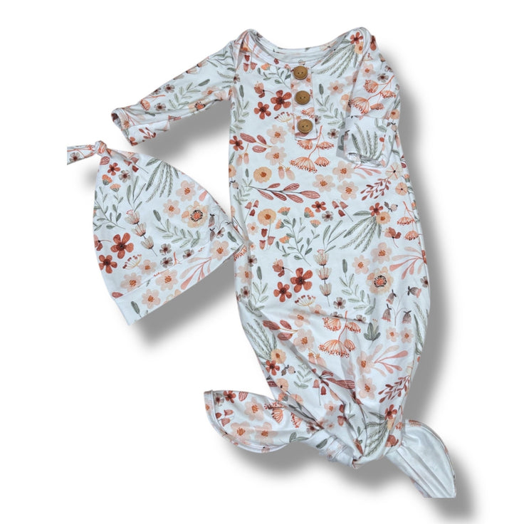 Size 0-3 month Caden Lane white knotted gown w/ green/muted pink/orange florals, coordinating hat Default Title / 0-3 month / Girl