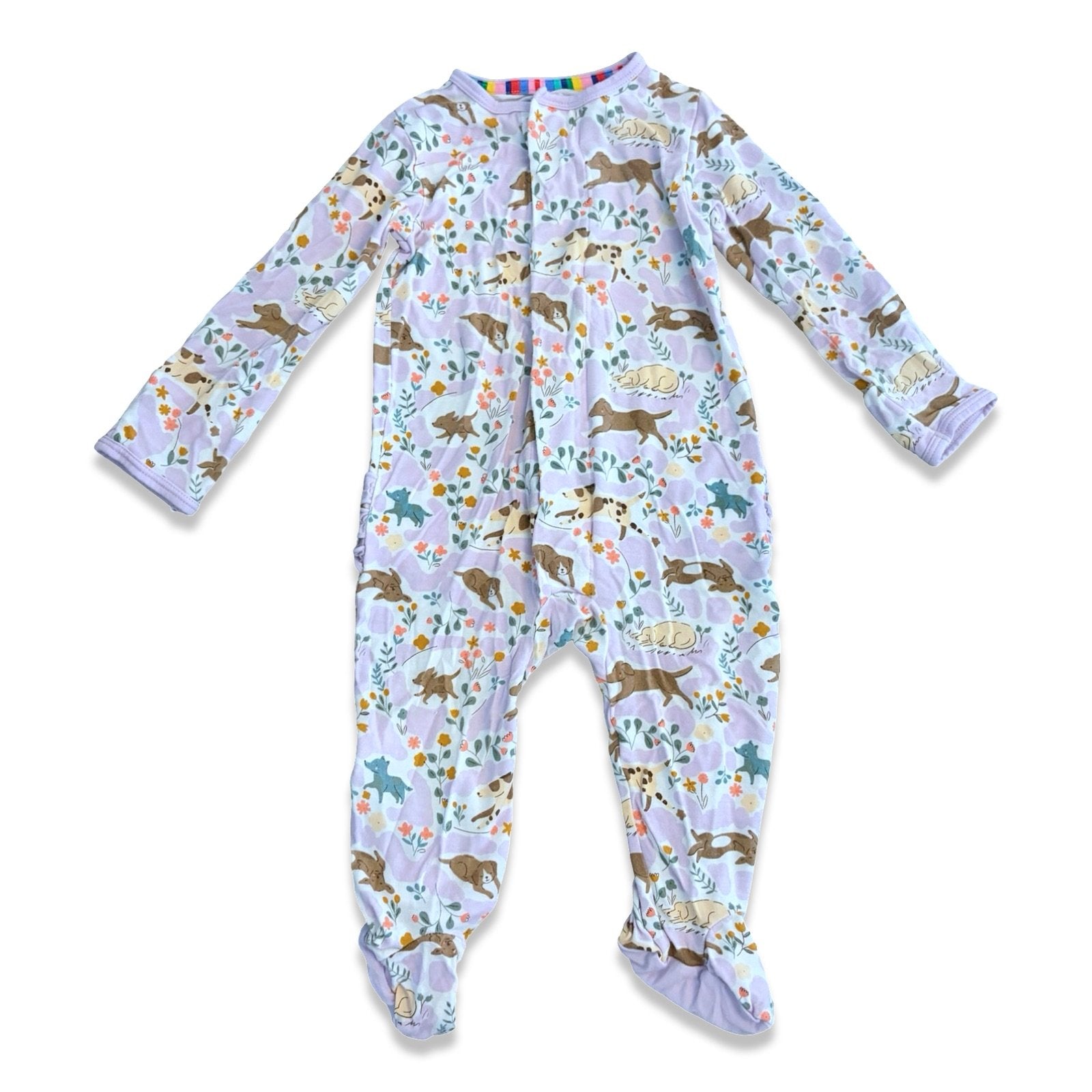 Size 3-6  month Magnetic Me light purple sleeper with dogs and ruffles on the bottom - some wear Default Title / 3-6 month / Girl