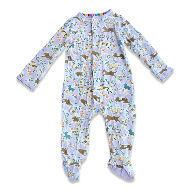Size 3-6  month Magnetic Me light purple sleeper with dogs and ruffles on the bottom - some wear Default Title / 3-6 month / Girl