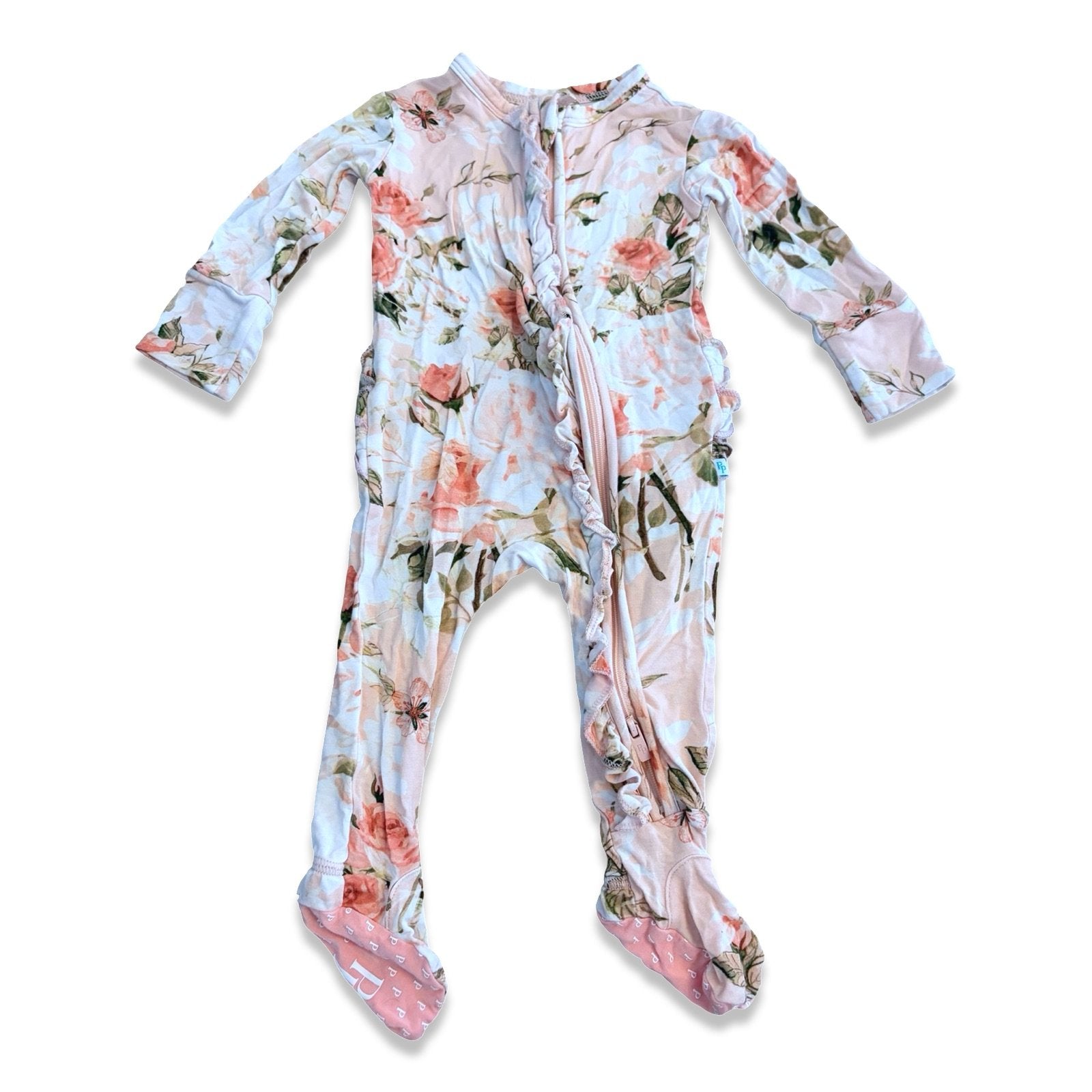 Size 0-3 month Posh Peanut pink floral zip up sleeper with ruffles Default Title / 0-3 month / Girl