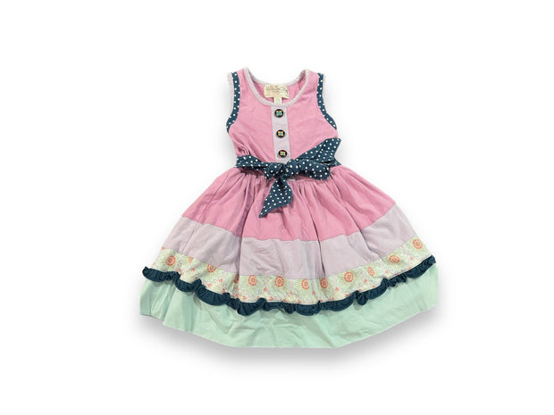 Size 4 Matilda Jane tank dress with pink, aqua and light purple, navy/white polka dot belt Default Title / 4 / Girl