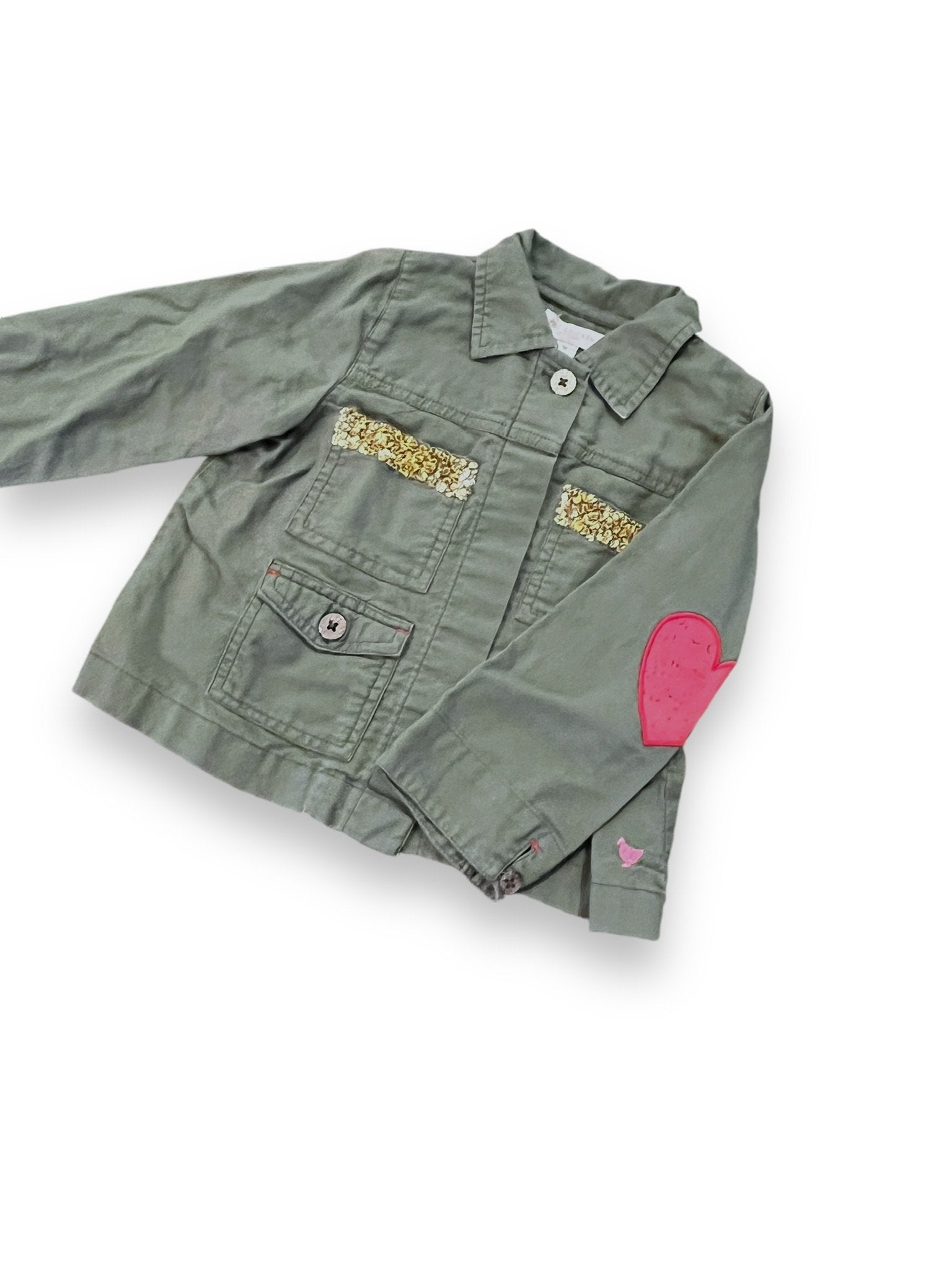 Size 3 Pink chicken olive green jacket, sequin accents, smiley face- sequins missing Default Title / 3 / Girl