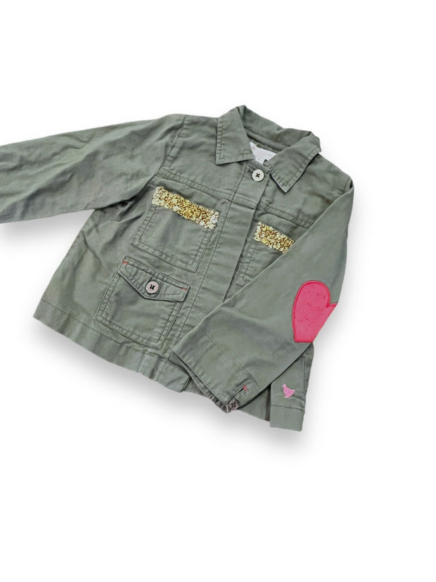Size 3 Pink chicken olive green jacket, sequin accents, smiley face- sequins missing Default Title / 3 / Girl