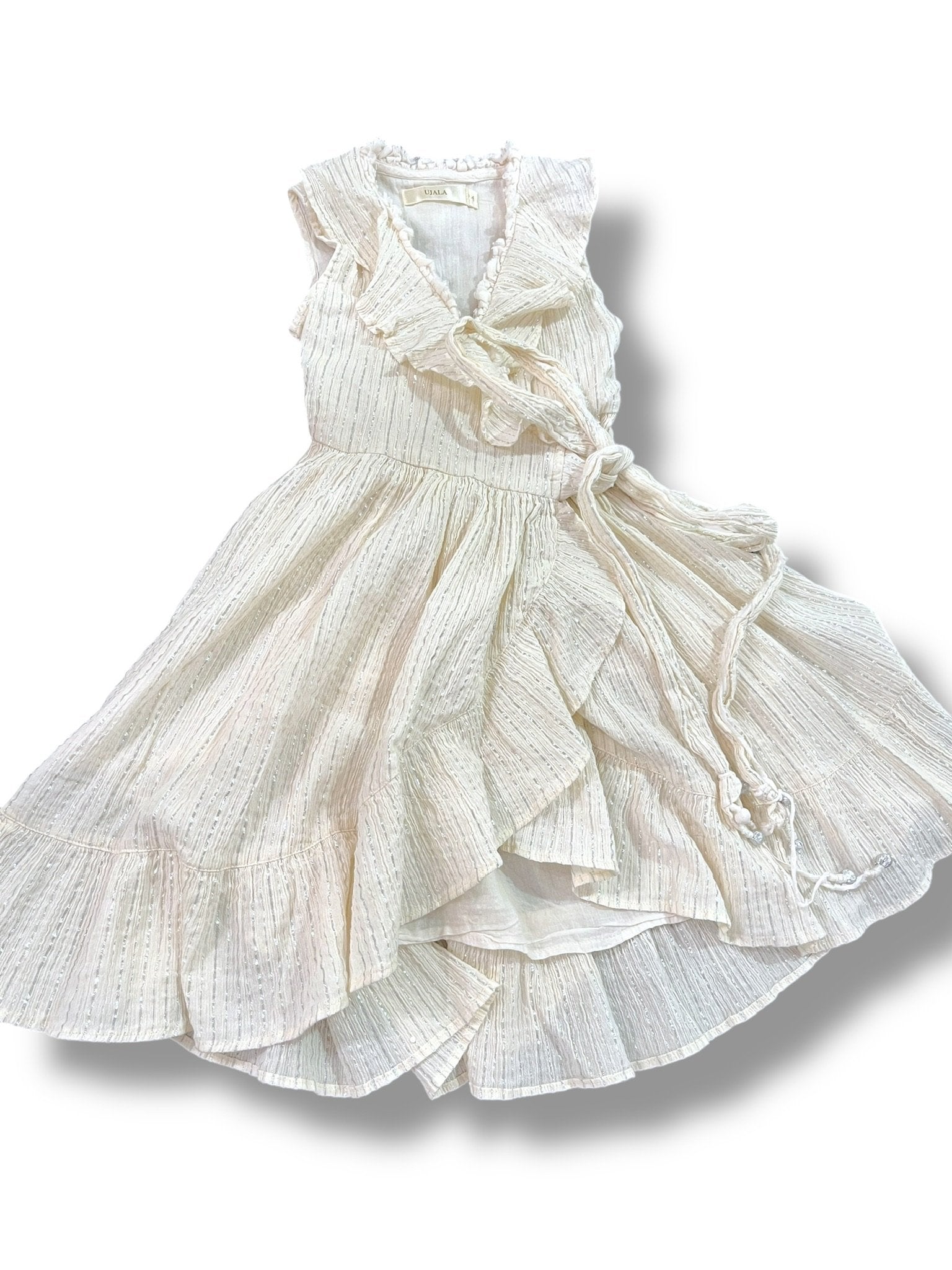 SIze 4 Ujala cream ruffle tank wrap dress with silver metallic threads Default Title / 4 / Girl