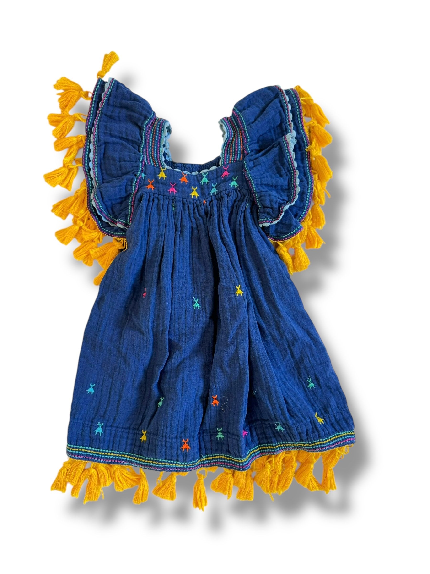 Size 2 Mer St. Barth Navy dress with yellow tassels and colorful embroidered details Default Title / 2 / Girl