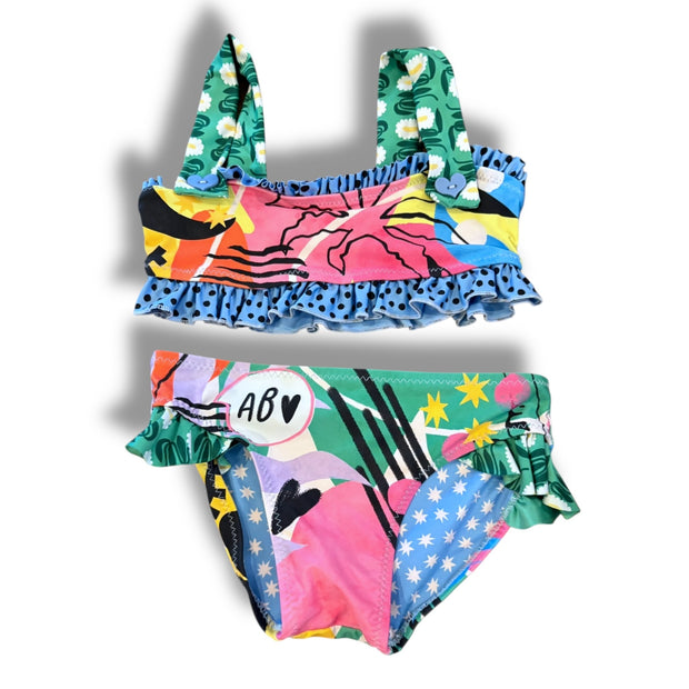 Size 4 Aqua bendita two piece- multicolor with blue/black ruffle trim, green floral straps Default Title / 4 / Girl