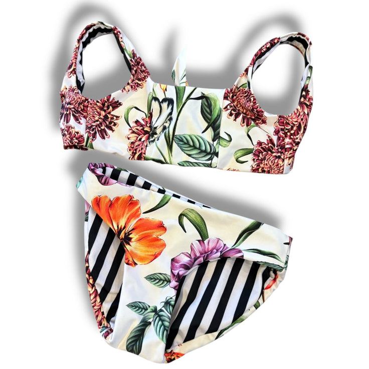 Size 2 Aqua bendita two piece- cream with flowers, reverse black/white stripe Default Title / 2 / Girl