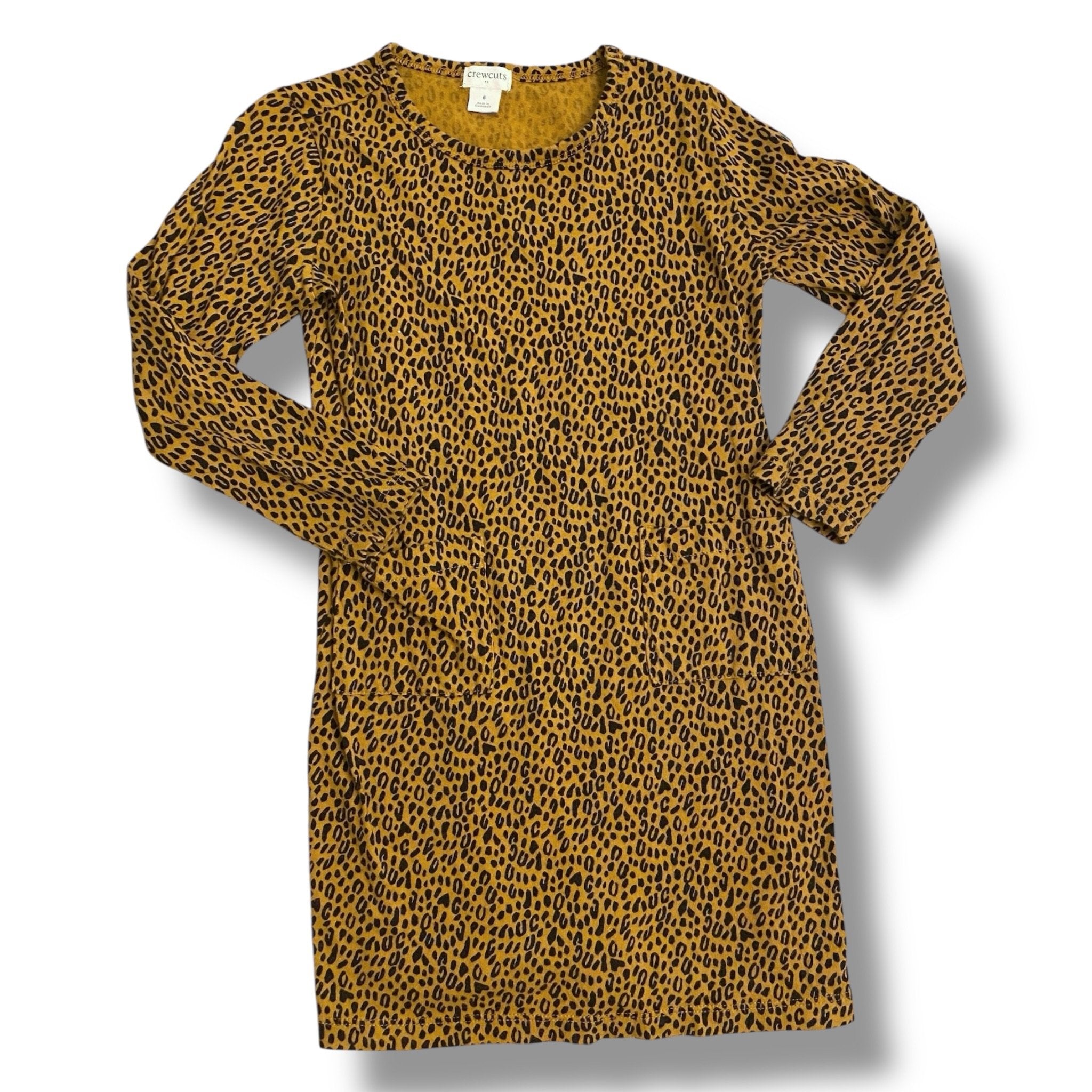 Size 6 Crewcuts leopard long sleeve cotton dress with two pockets on the front Default Title / 6 / Girl