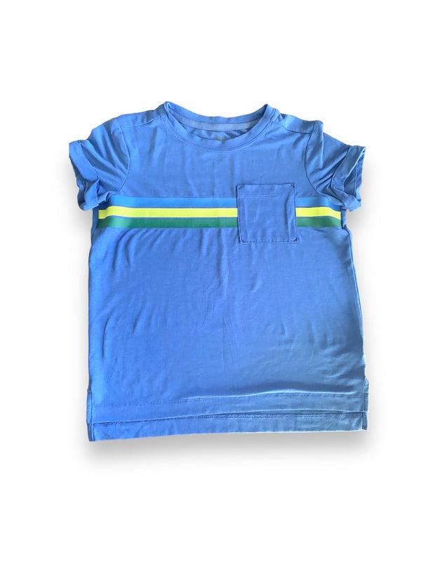 Size M 8-10 Athleta Girl blue short sleeve shirt with green and yellow stripe Default Title / Medium / Girl