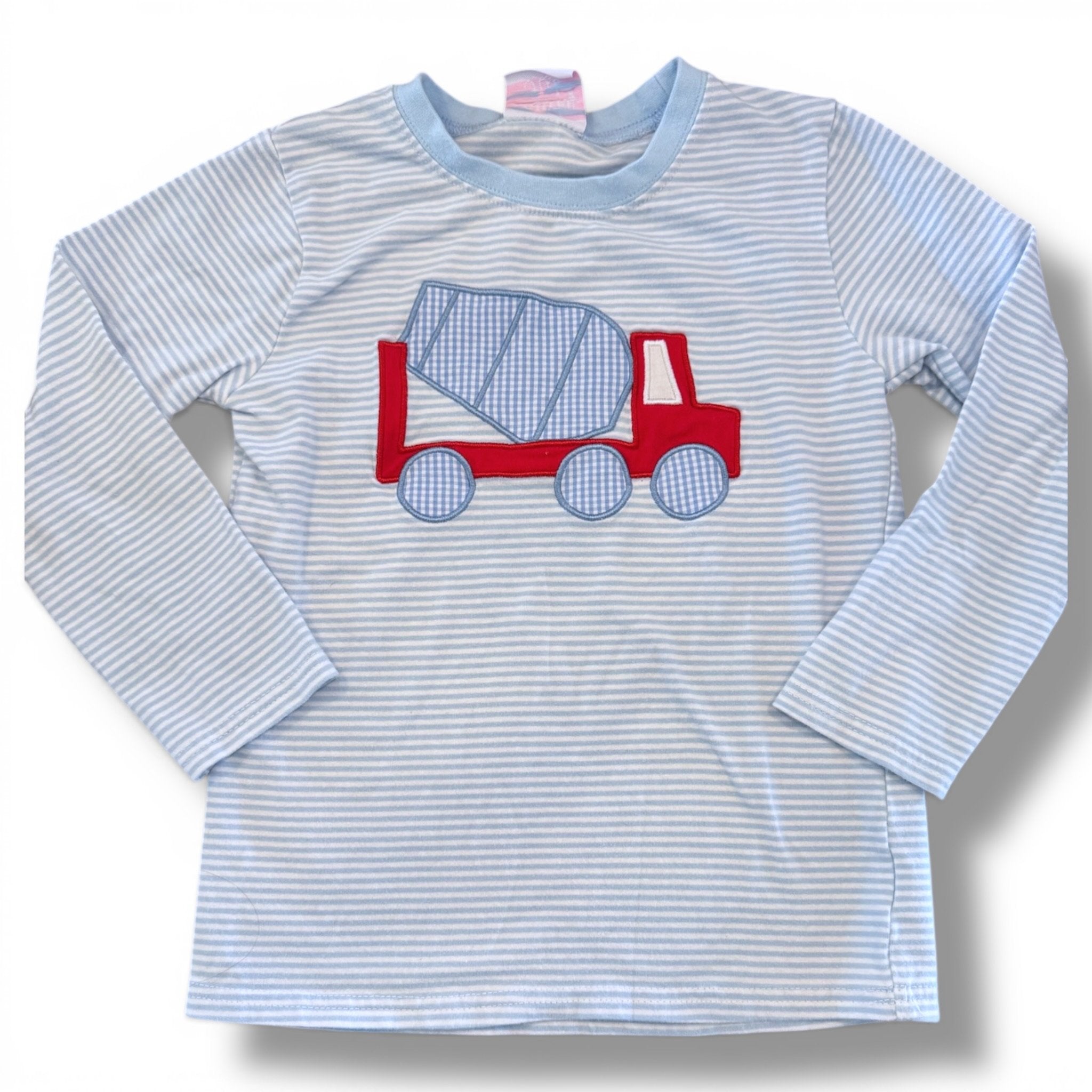 Size 4 Stitchy Fish blue and white long sleeve tee with red and blue gingham mixer truck Default Title / 4 / Boy
