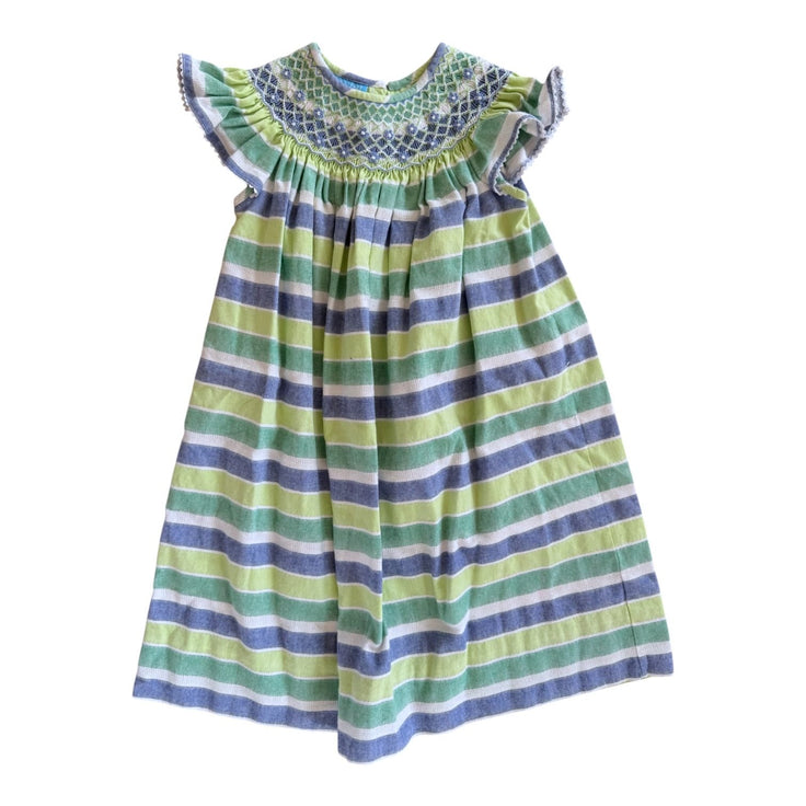 Size 4 Anavini green, blue, white stripe dress with smocking with blue and white flowers Default Title / 4 / Girl