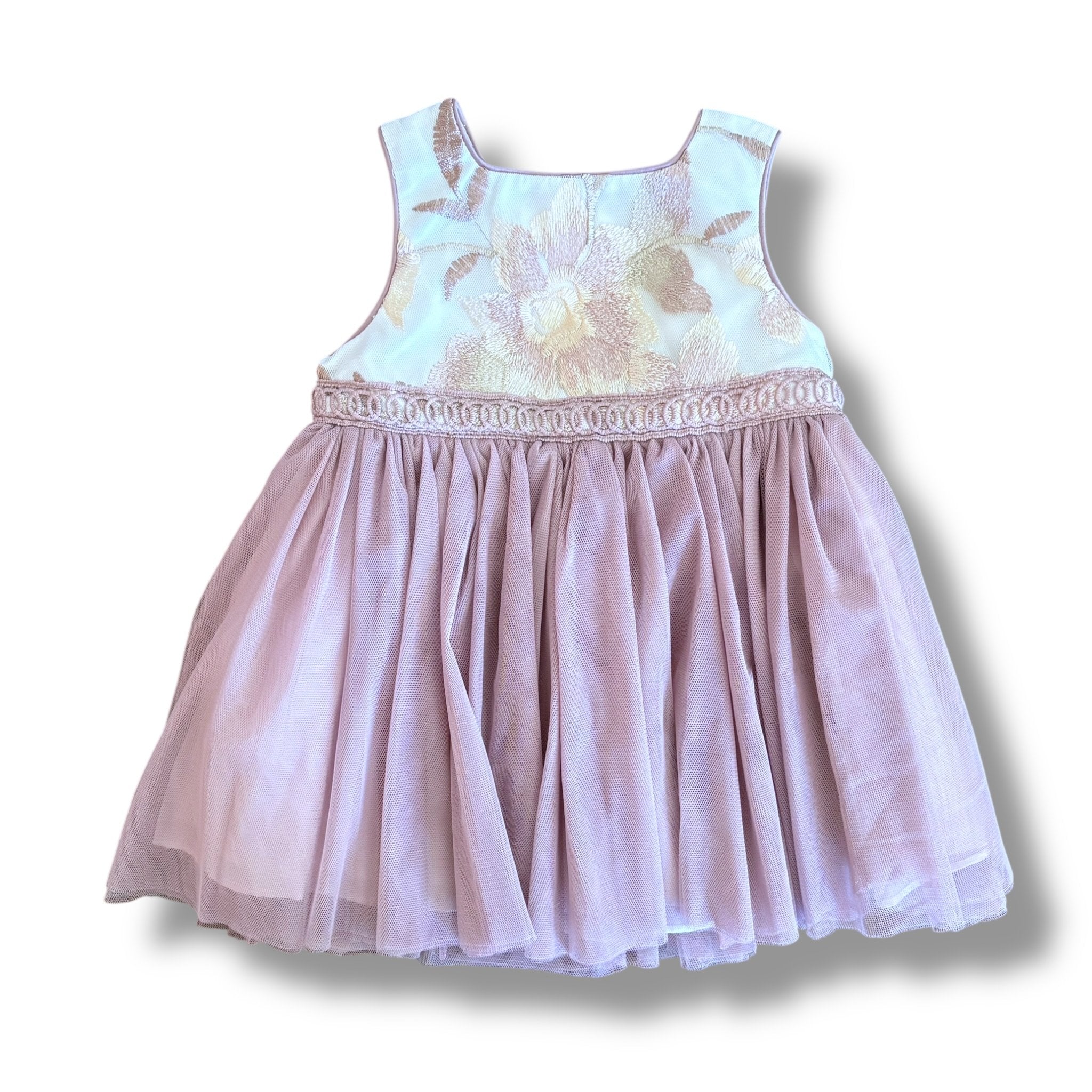 Size 6-9 month Pippa and Julie white and mauve tulle dress with floral embroidery top and mauve bloomers Default Title / 6-9 month / Girl