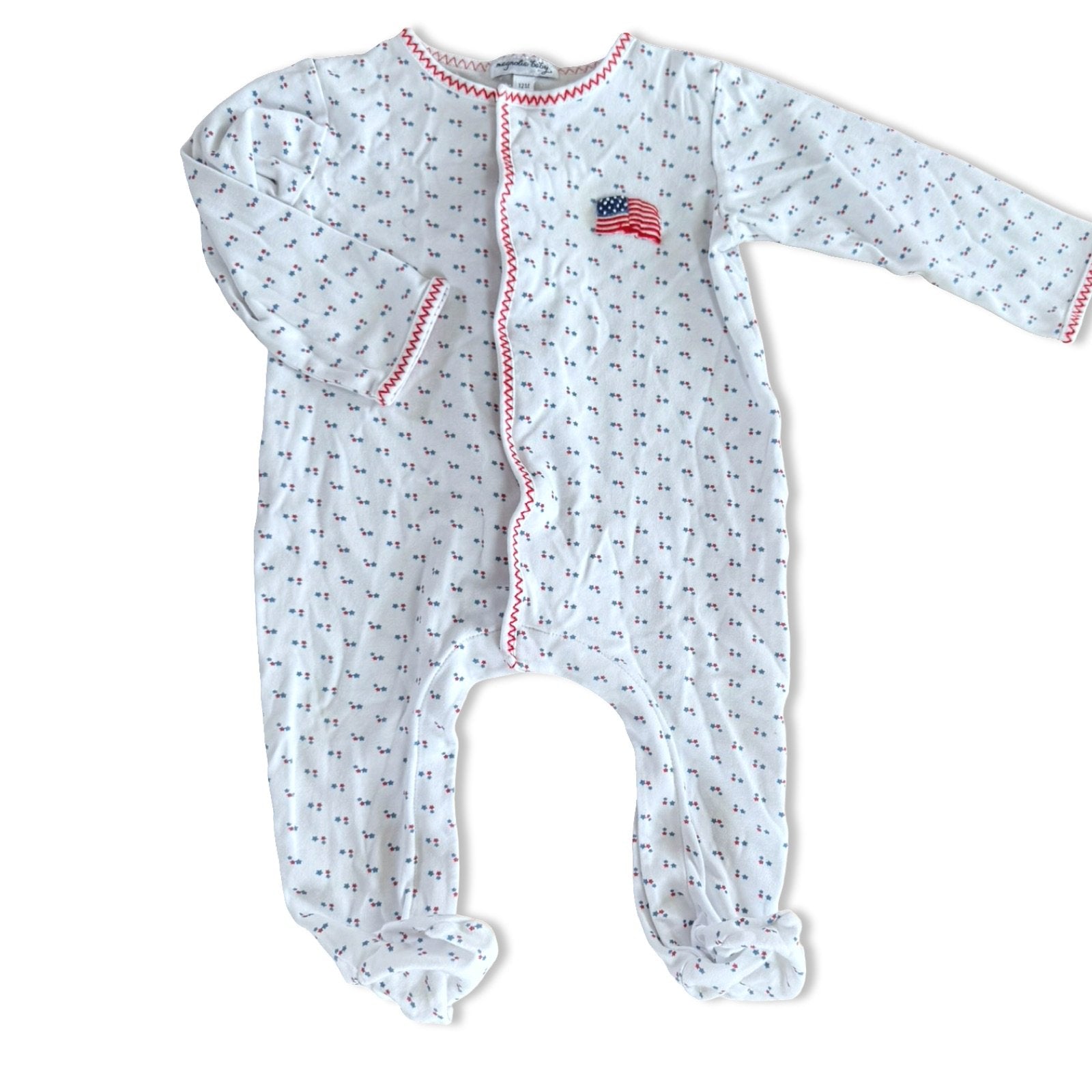 Size 12 month Magnolia Baby white snap footie with blue, red stars, red zig zag stitching and American Flag Default Title / 12 / Boy