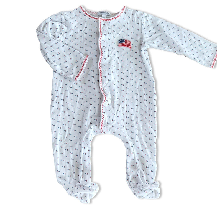 Size 12 month Magnolia Baby white snap footie with blue, red stars, red zig zag stitching and American Flag Default Title / 12 / Boy