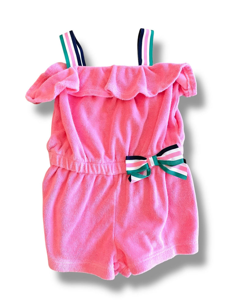 Size 12-18 month Janie and Jack pink terry cloth romper with navy/pink/green straps and bow Default Title / 12-18 month / Girl