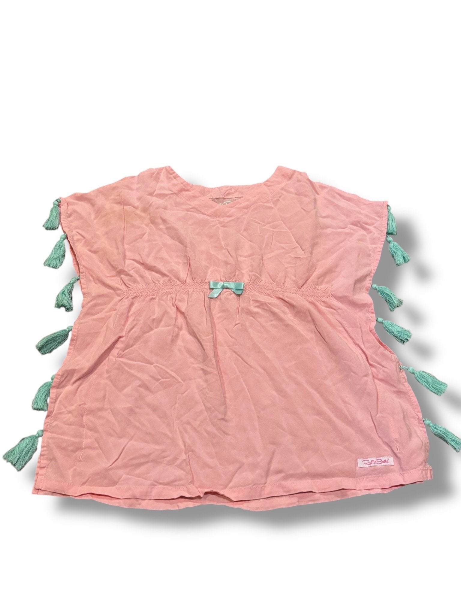 Size 4/5 Ruffle Butts pink v-neck cover-up w/ teal tassels, bow Default Title / 5-Apr / Girl