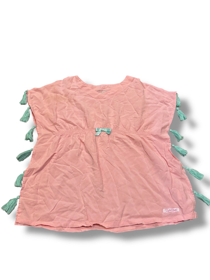 Size 4/5 Ruffle Butts pink v-neck cover-up w/ teal tassels, bow Default Title / 5-Apr / Girl