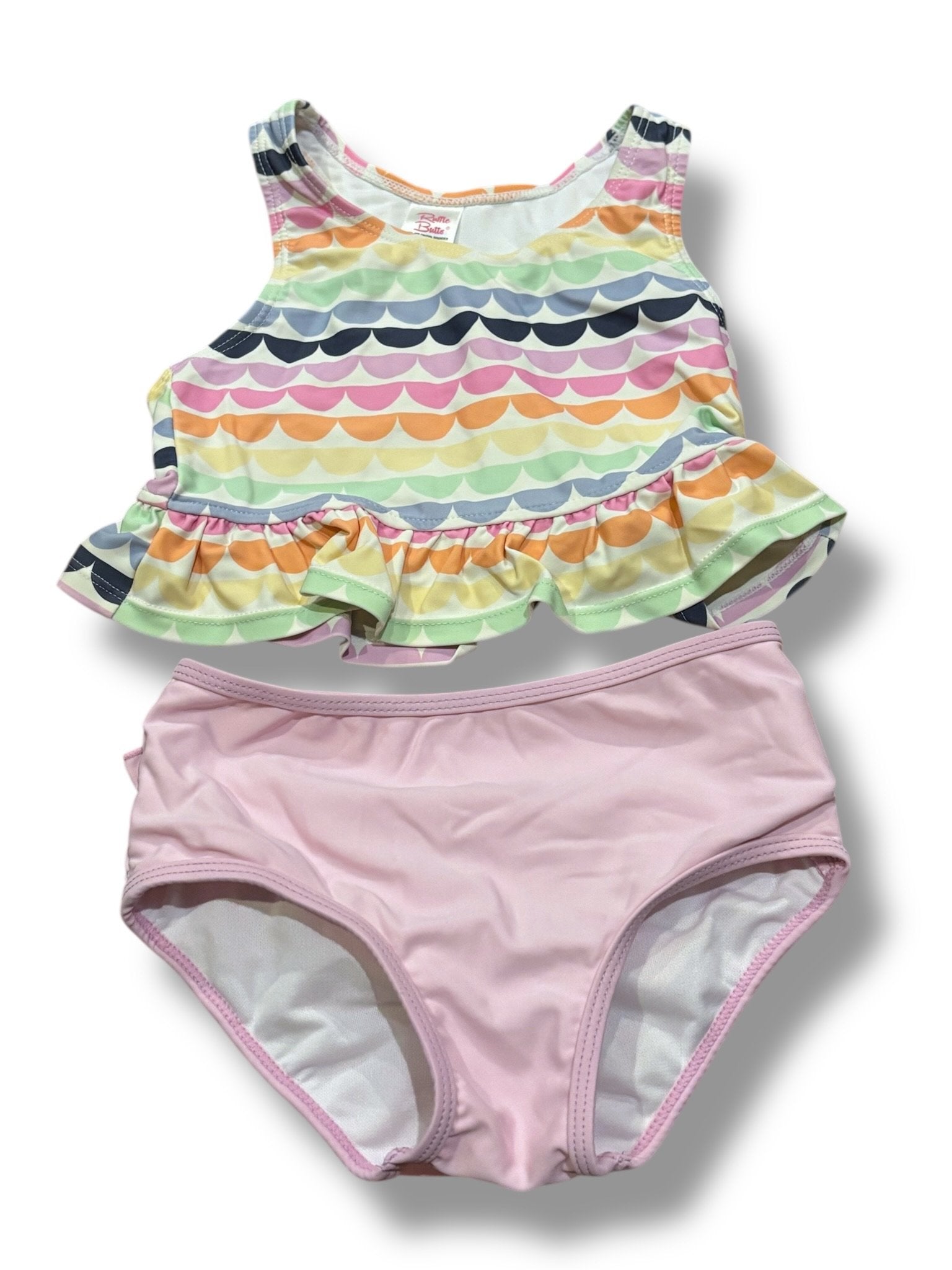 Size 5 Ruffle Butts two piece suit - rainbow scallop stripes top and pink bottoms w/ ruffle Default Title / 5 / Girl
