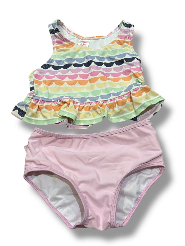Size 5 Ruffle Butts two piece suit - rainbow scallop stripes top and pink bottoms w/ ruffle Default Title / 5 / Girl