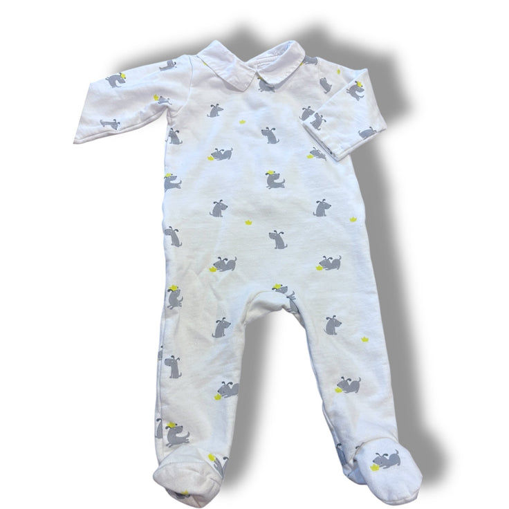 Size 6 month Jacadi white romper/sleeper with grey dogs with yellow ball Default Title / 6 month / Boy