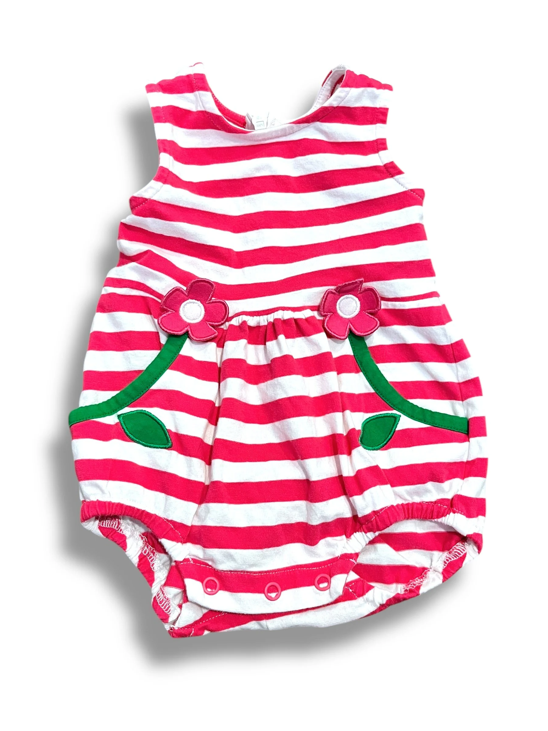 Size 3 Florence Eiseman pink/white stripe bubble with green trim pockets and flower Default Title / 3 / Girl