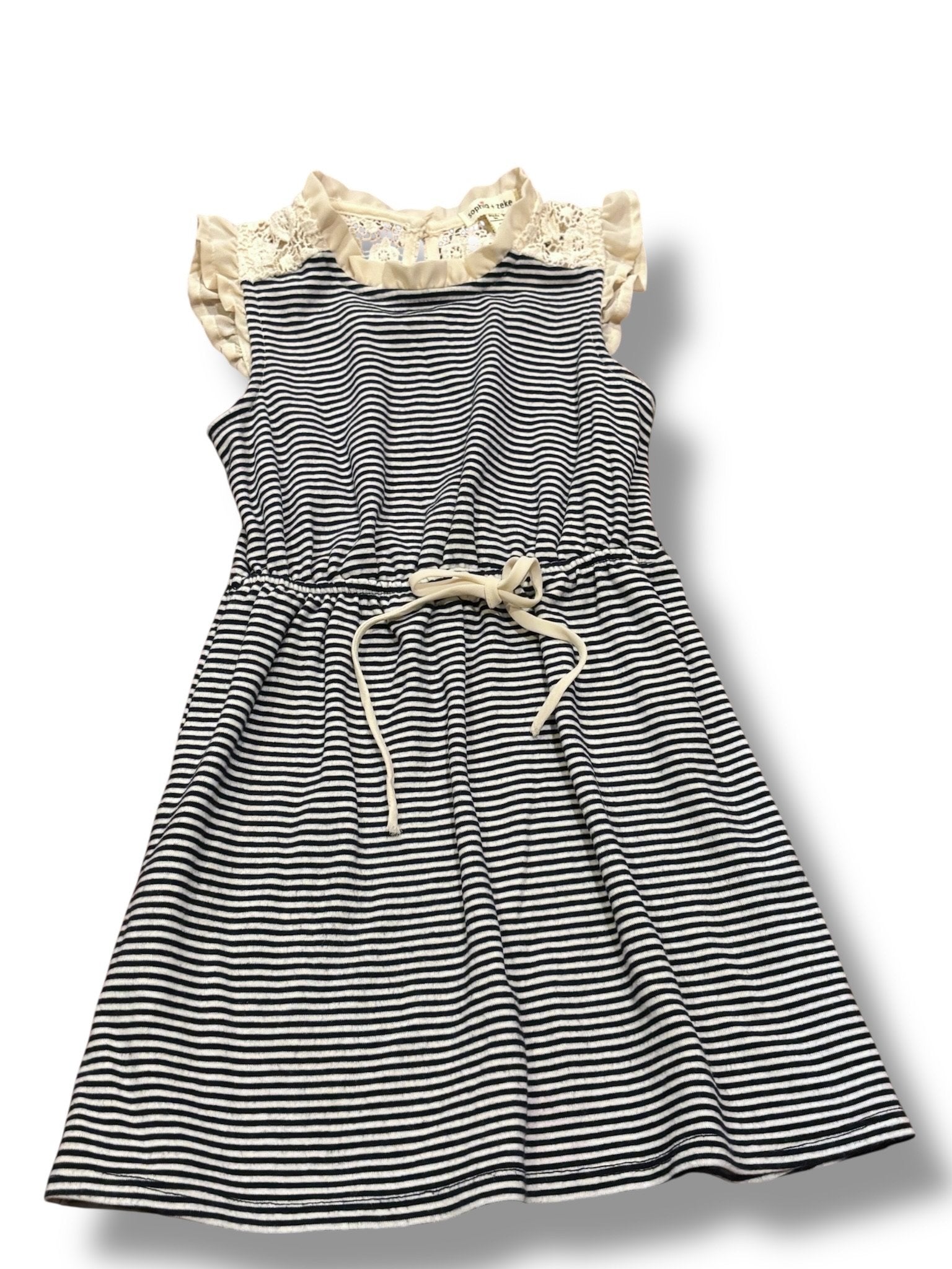 Size 5 Sophia + Zeke navy/white striped jersey cotton dress w/ cream eyelet shoulders Default Title / 5 / Girl