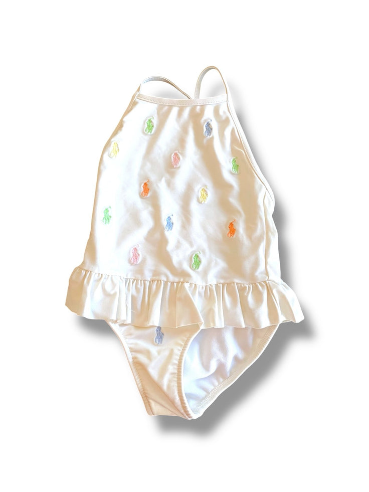 Size 12 month Ralph Lauren white one piece swim with colorful riders Default Title / 12 / Girl