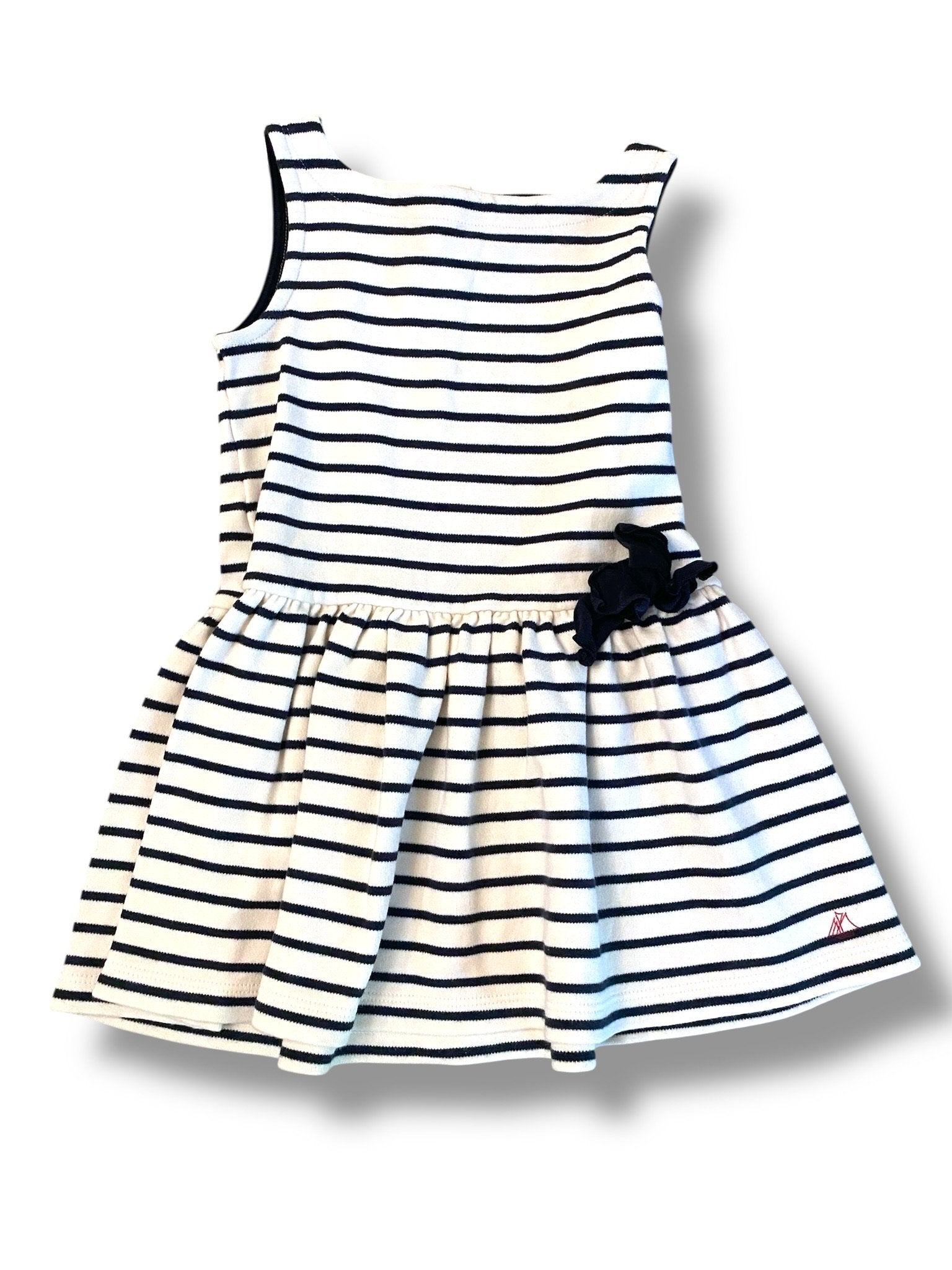 Size 4 Petit Bateau navy and white striped tank dress with navy bow Default Title / 4 / Girl