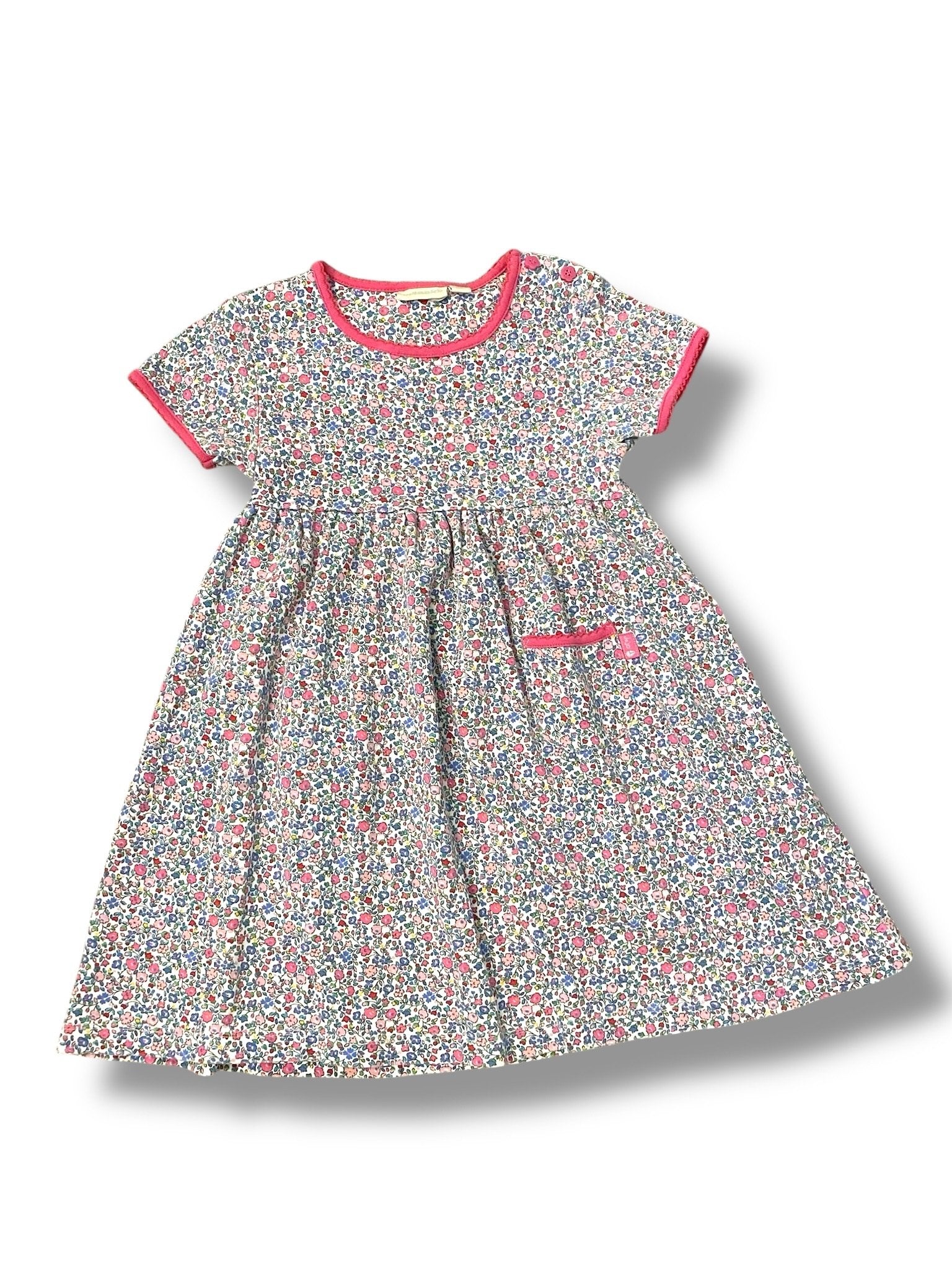 Size 4-5 Jojo Maman Bebe pink and blue floral short sleeve dress with pink trim Default Title / 5-Apr / Girl