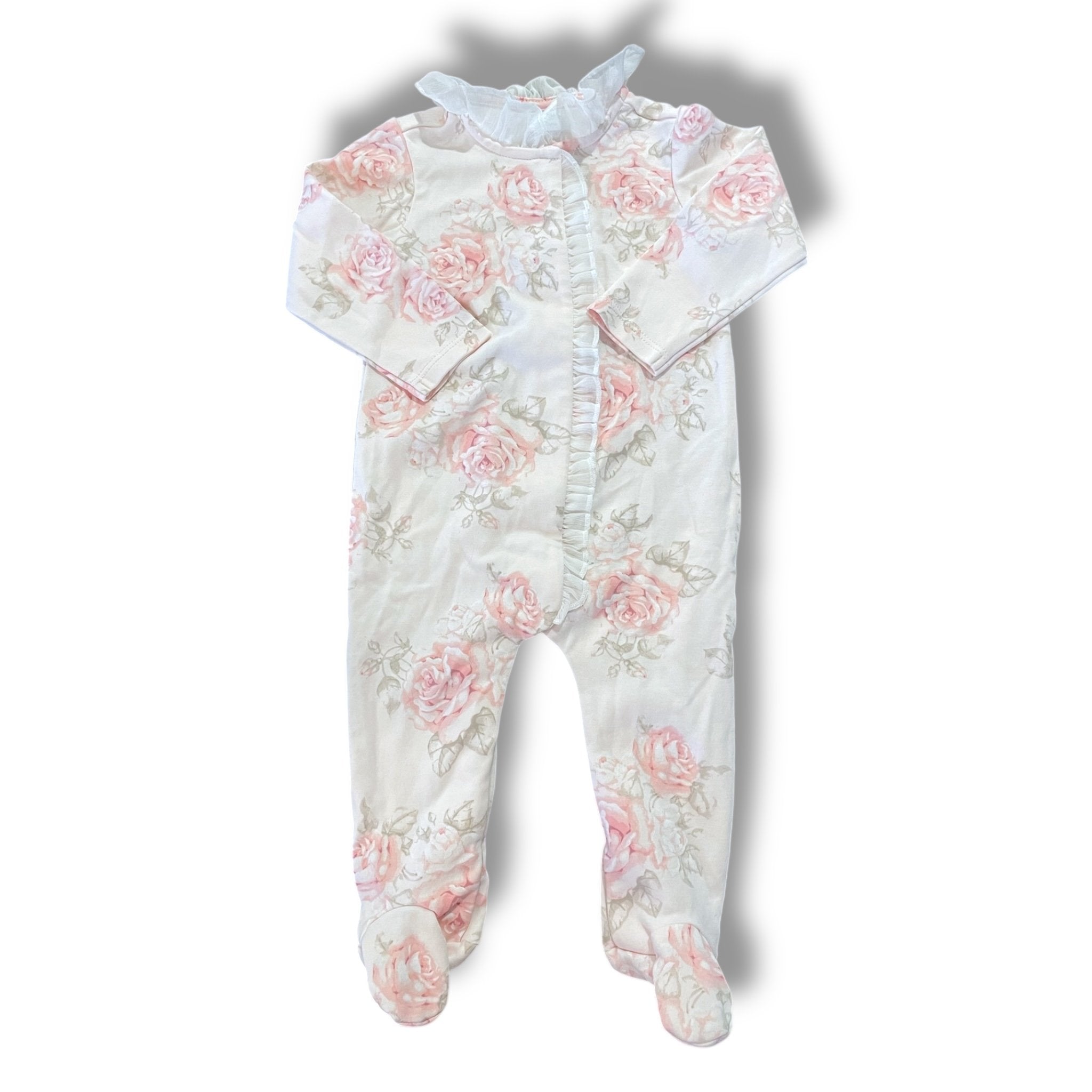 Size 9 month Edgehill Collection pink floral sleeper with white ruffle collar Default Title / 9 month / Girl