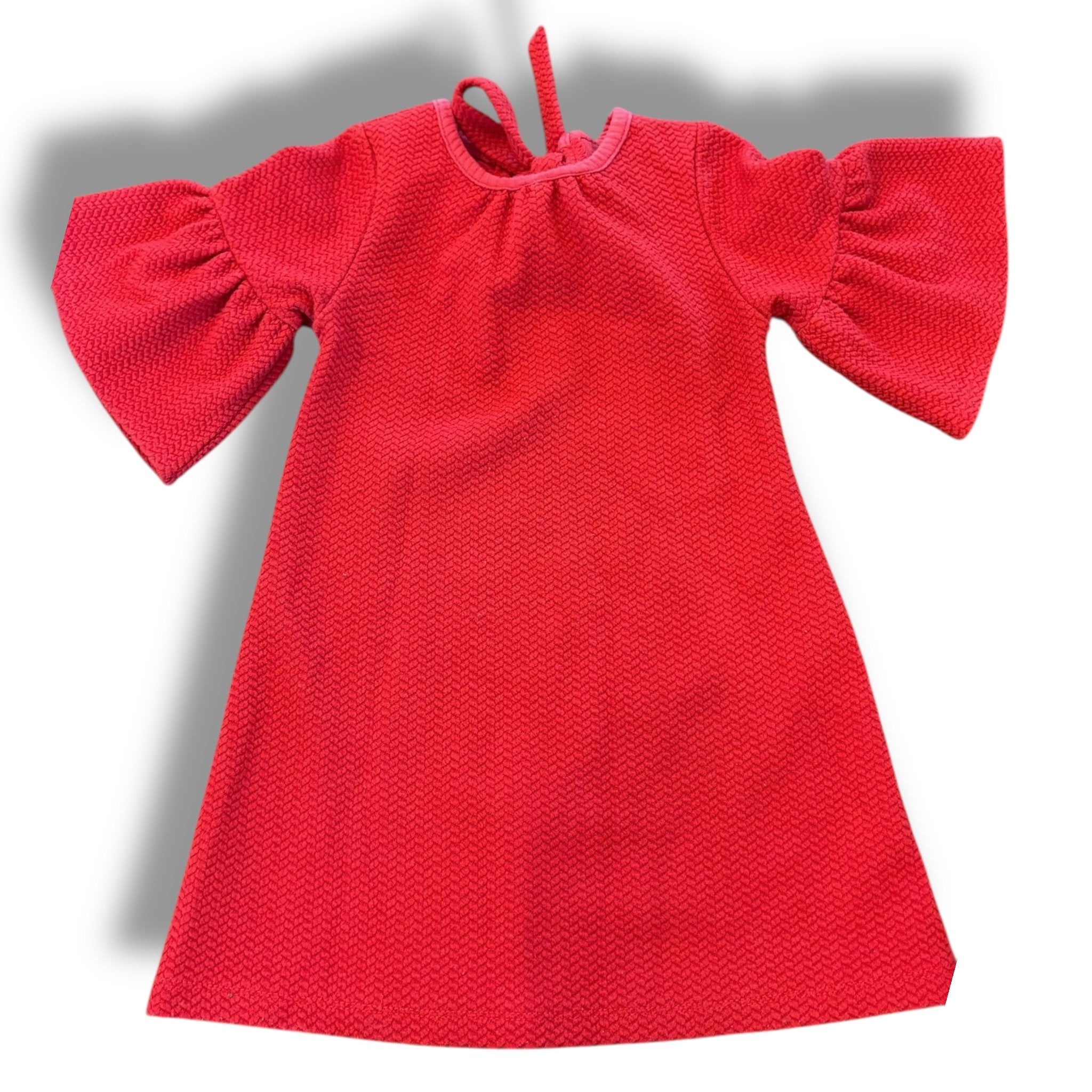 Size 2 Pink chicken rust red textured dress with bell sleeves, tie back, wash fade Default Title / 2 / Girl