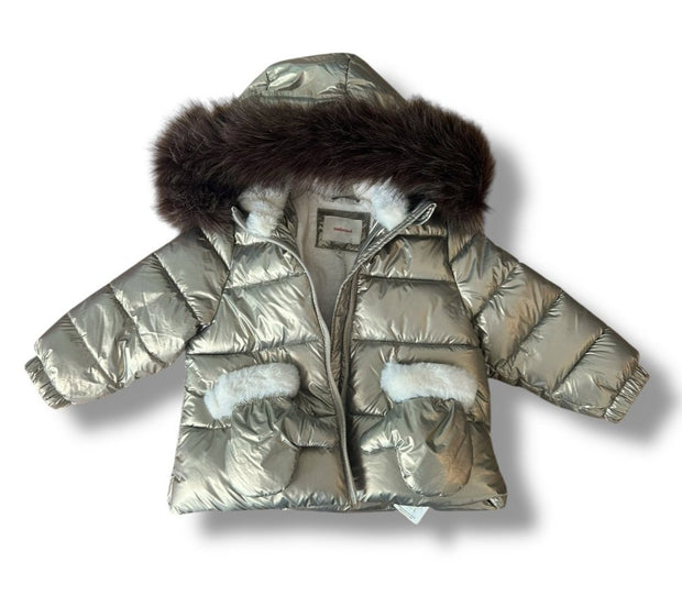 Size 2 Catimini Matte Golden Puffer Jacket with Faux Fur Hood & Matching Mitten Default Title / 2 / Girl