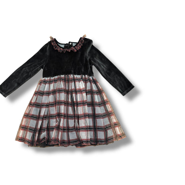 Size 36 month Petit Bateau long sleeve dress with grey velour top and red/black plaid skirt Default Title / 36 / Girl