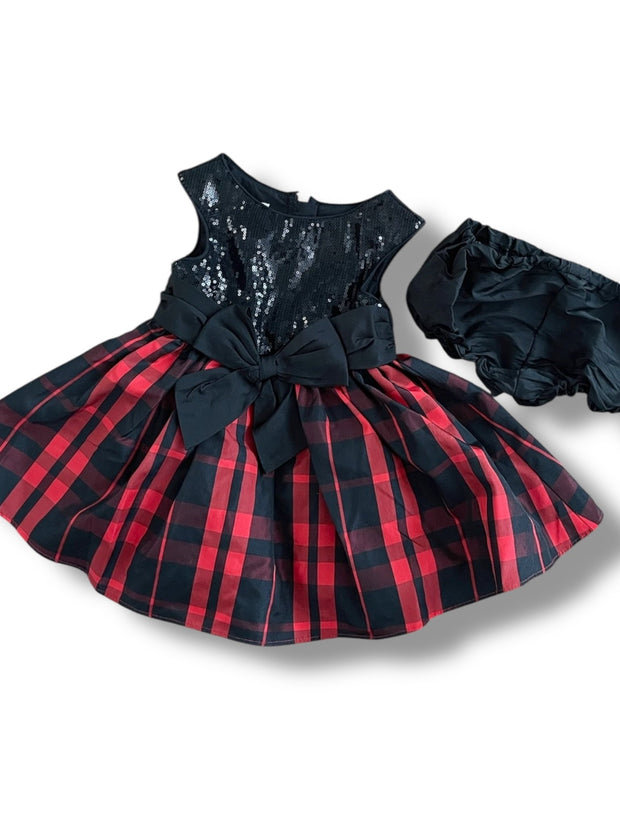 Size 9/12 month Pippa & Julie red and black dress with bow and matching satin bloomer Default Title / 12-Sep / Girl